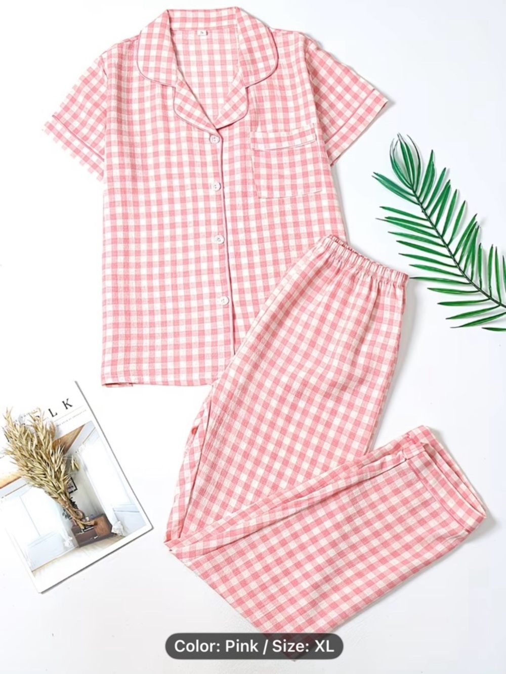 Women’s Pink Gingham Check Pajama Set – Short Sleeve Top & Pants Size XL